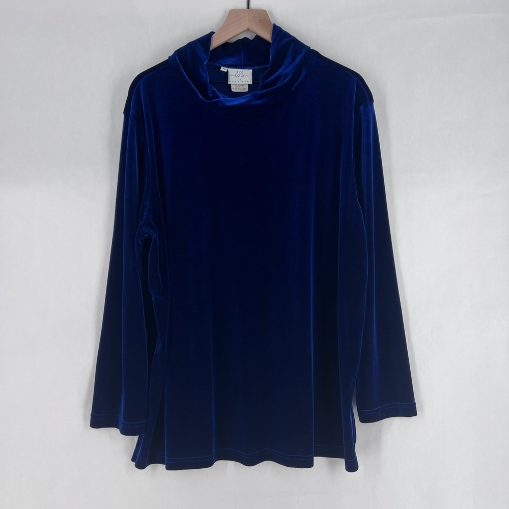 Hot Cotton by‎ Marc Ware Tunic Top Womens XL Blue Velvet Side Slit Cowl Neck